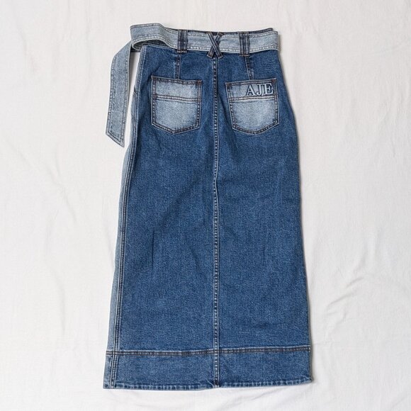 Aje Embrace Denim Midi Two Tone Indigo Belted Skirt Size US 2 New with Tags - Picture 4 of 4